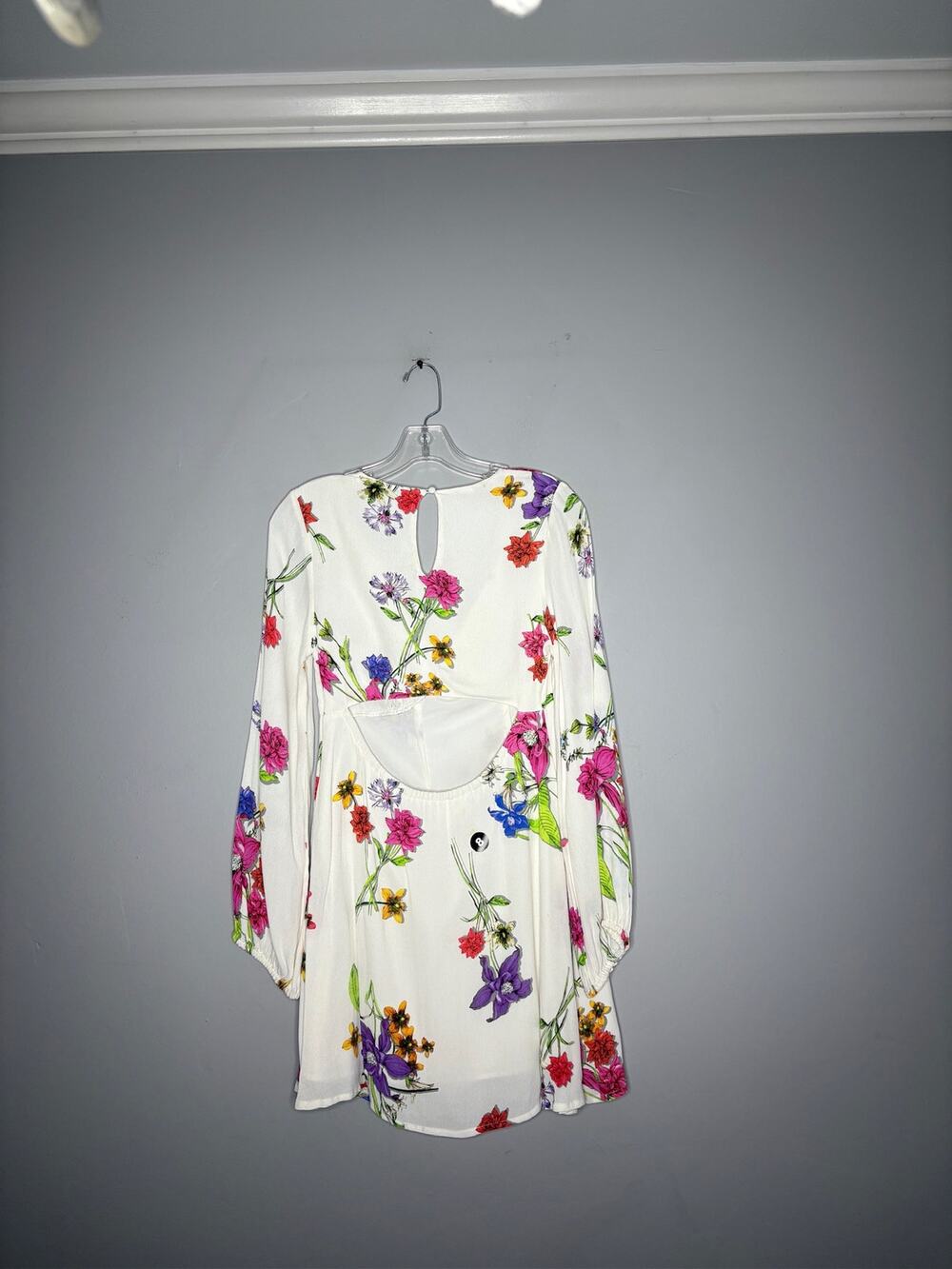 ROAM Floral Long Sleeve Cut Out Back Mini Dress Small Colorful Boho Shift